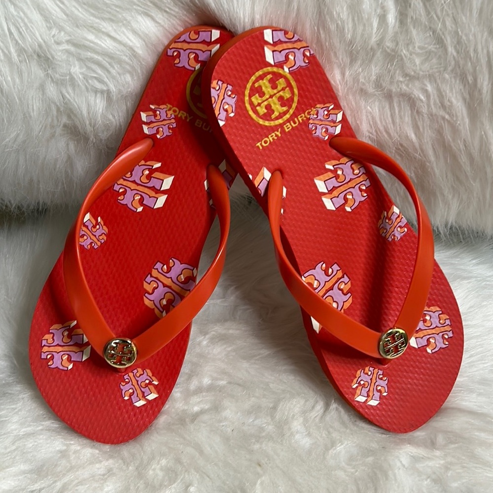 TORY BURCH FLIP FLOPS, BRIGHT ORANGE WITH INSIGNIA SZ 9